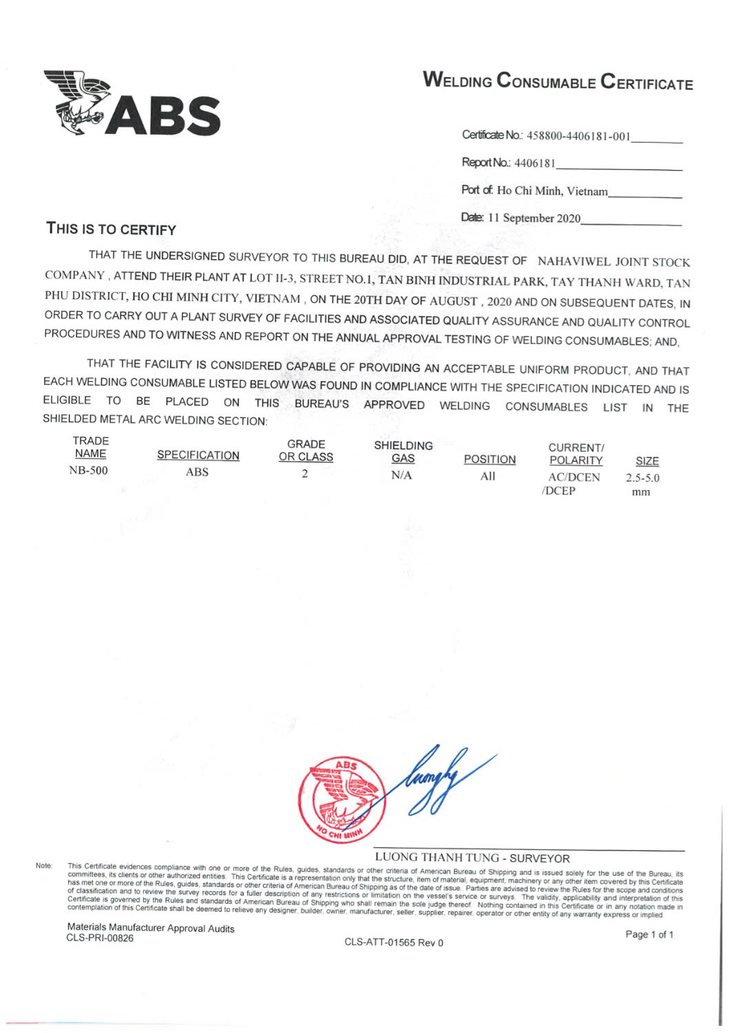 Chứng chỉ vật tư hàn